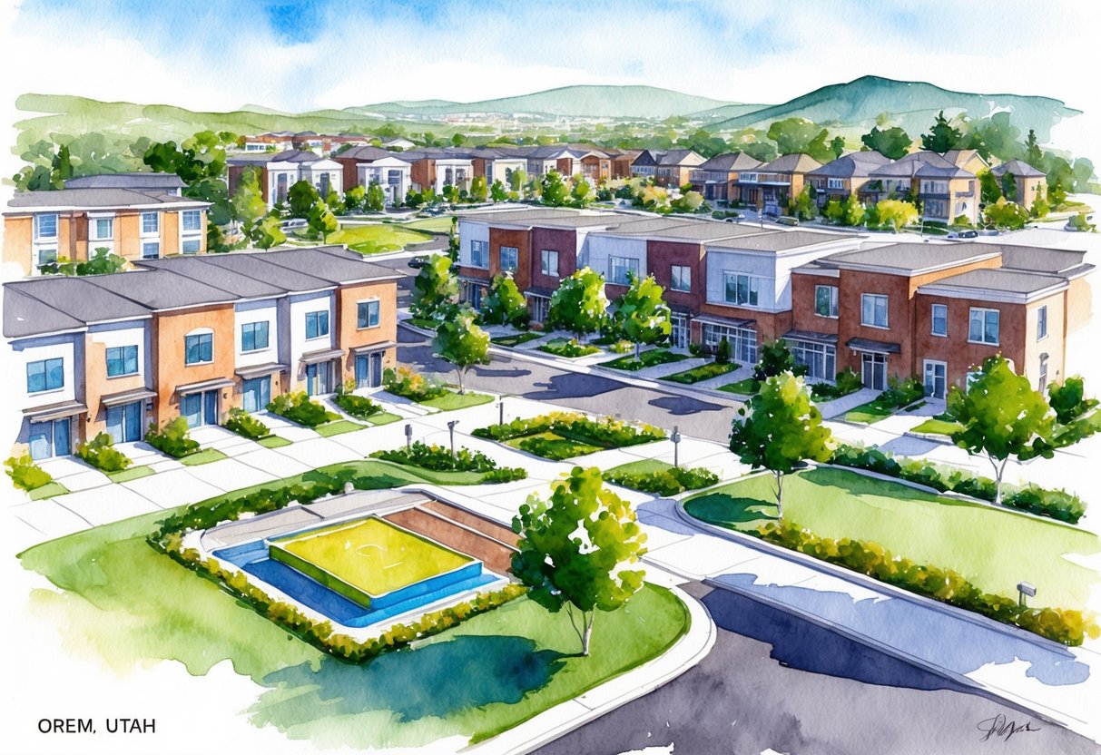 A bustling neighborhood in Orem, Utah with modern homes, green spaces, and a vibrant community center