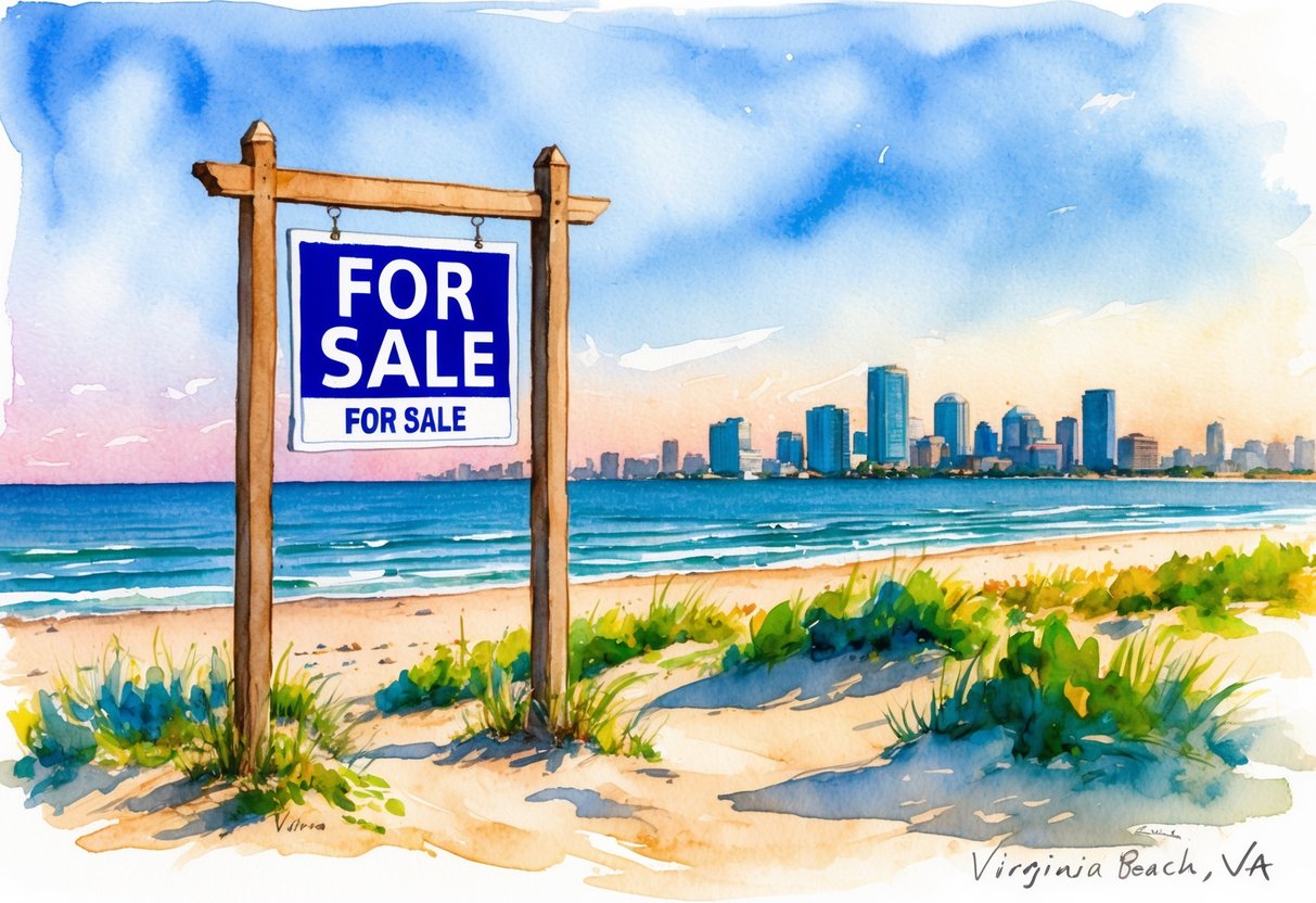 A beachfront property in Virginia Beach, VA with a "For Sale" sign and a scenic view of the ocean and city skyline