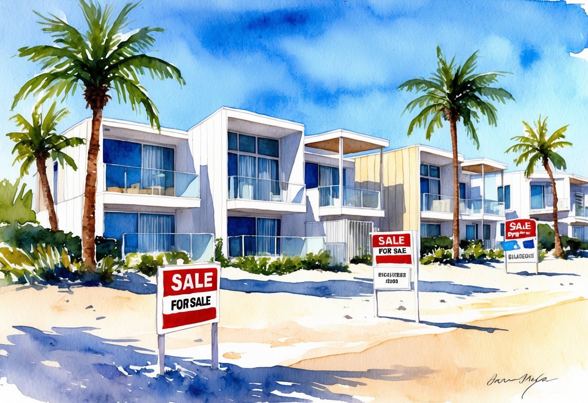 A sunny beachfront with modern homes and "For Sale" signs, surrounded by palm trees and a clear blue sky