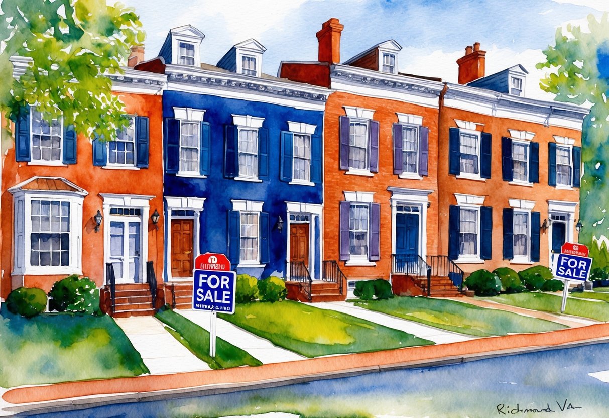 A row of historic houses in Richmond, VA, with "For Sale" signs displayed in front yards