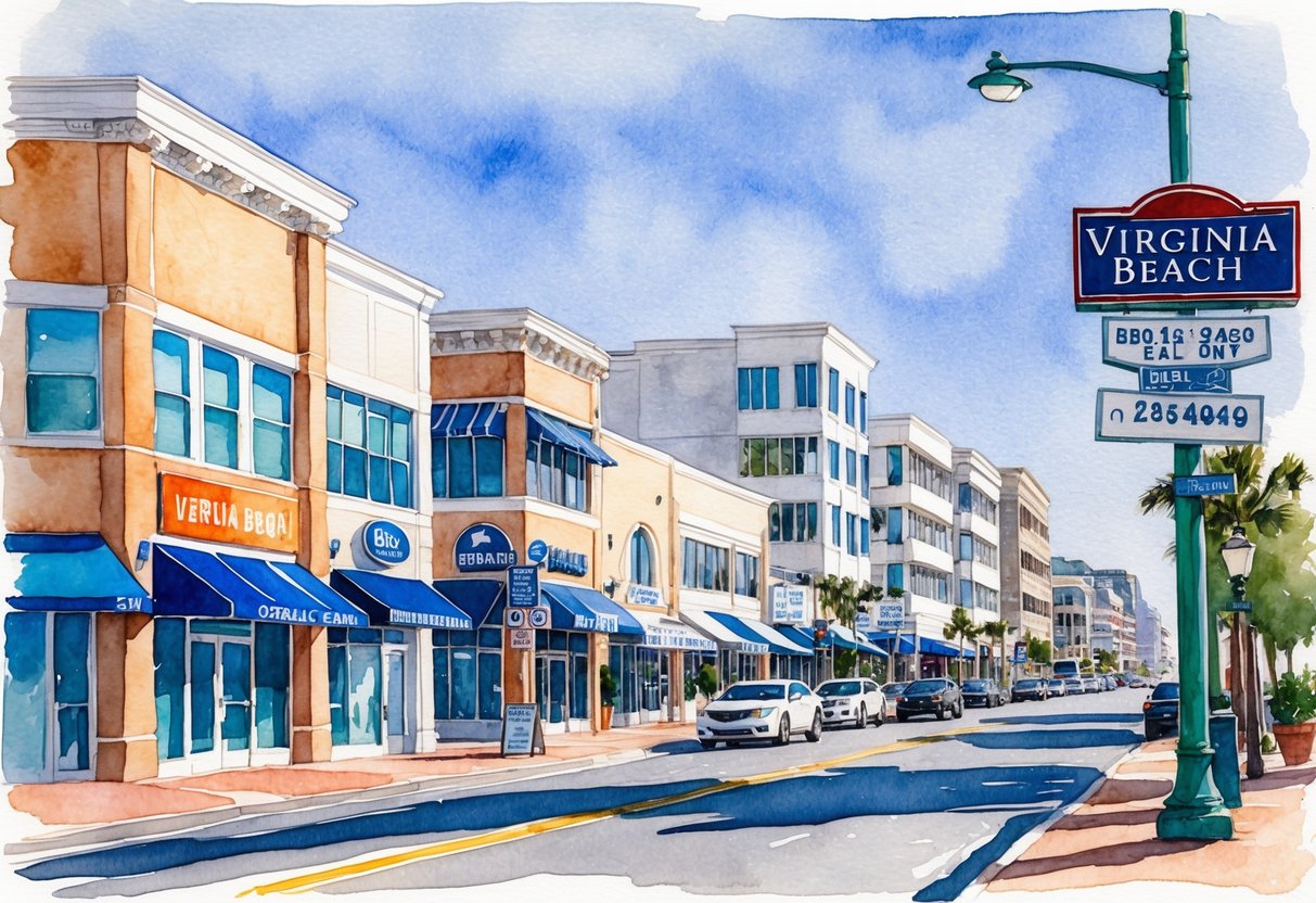 A bustling Virginia Beach street with modern commercial buildings and real estate signs