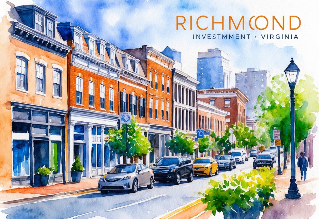 A bustling city street in Richmond, Virginia, with a mix of historic and modern buildings, showcasing various real estate investment opportunities