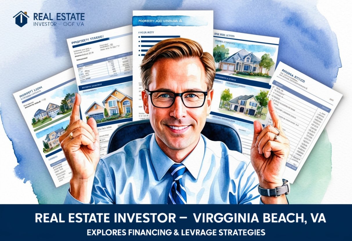 A real estate investor in Virginia Beach, VA explores financing and leverage strategies, surrounded by property listings and financial documents