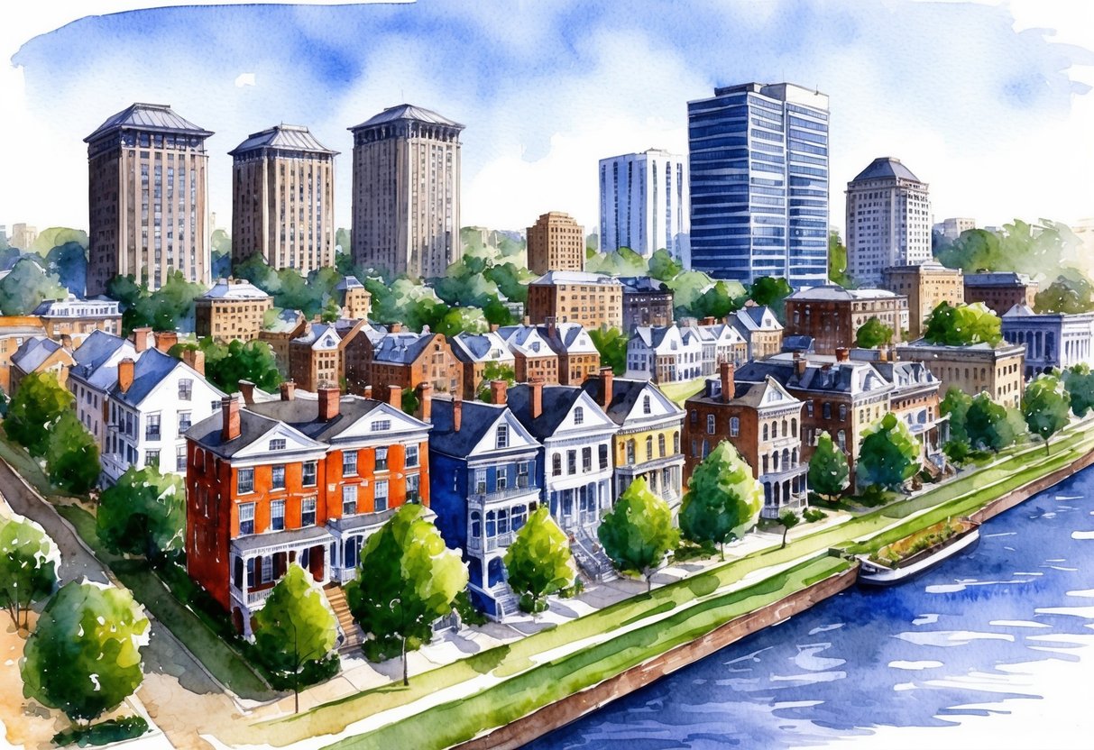 A bustling cityscape with rows of historic homes and modern high-rises, surrounded by lush greenery and the James River flowing nearby