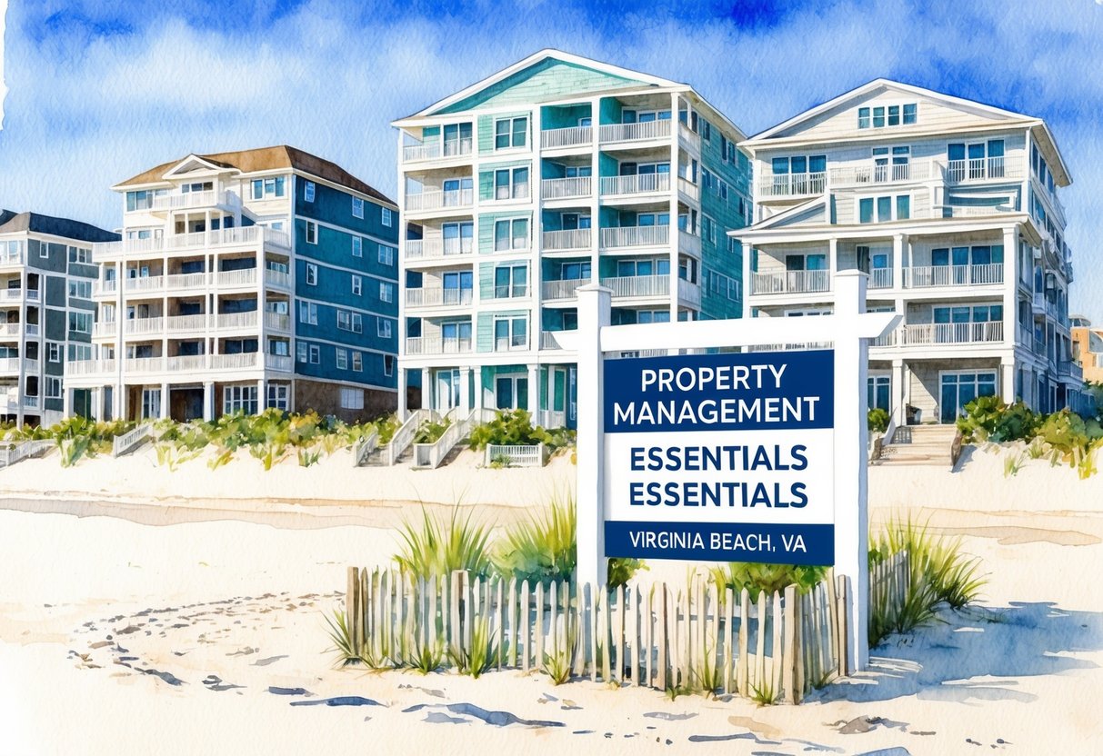 A beachfront property with a "Property Management Essentials" sign, surrounded by real estate buildings in Virginia Beach, VA