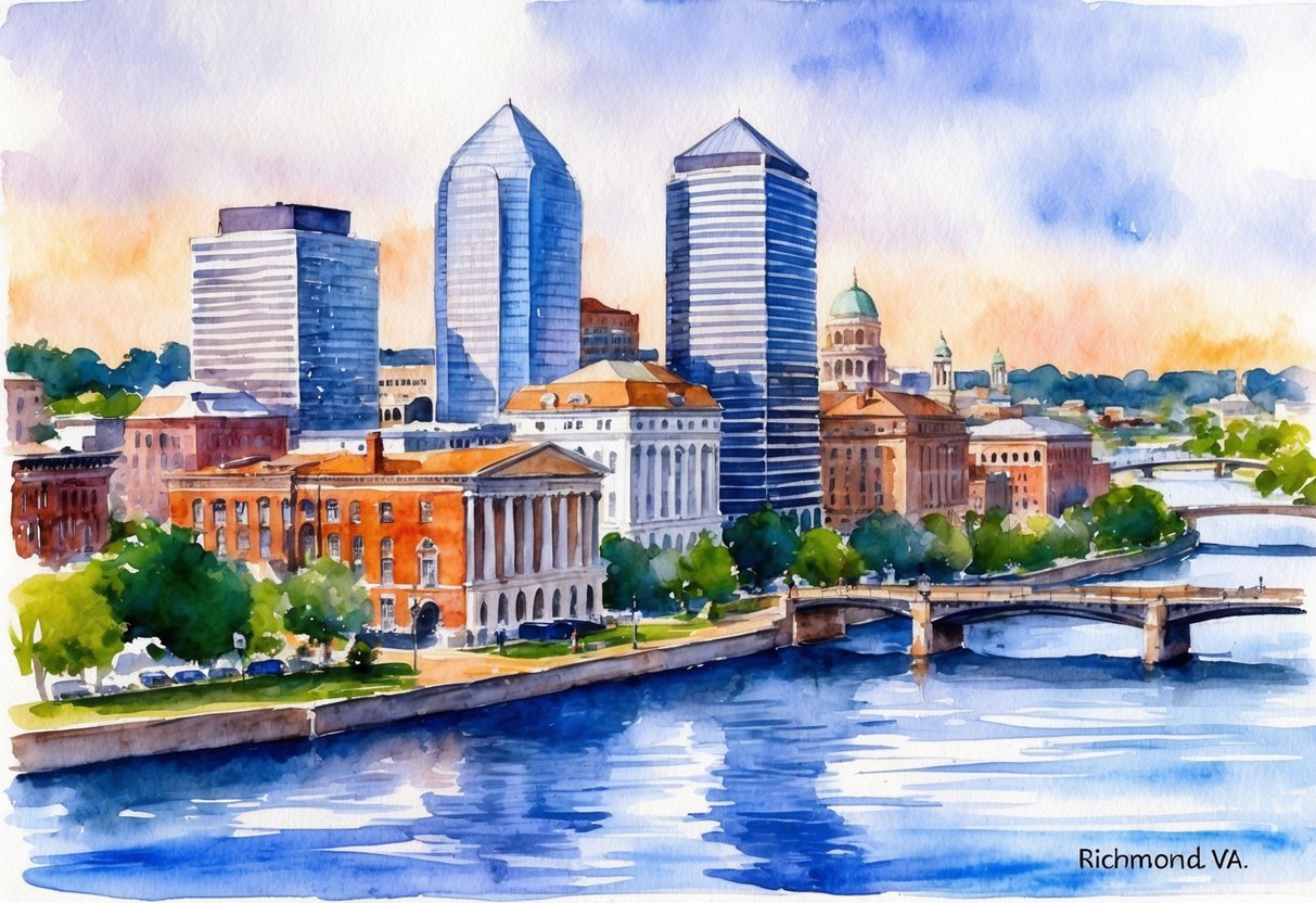 A bustling cityscape with modern skyscrapers and historic buildings, set against a backdrop of the James River in Richmond, VA