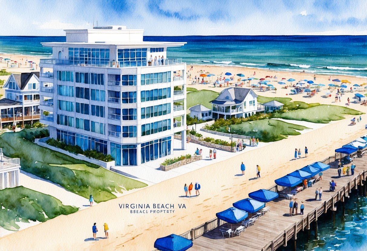 A beachfront property in Virginia Beach, VA with a modern real estate office and a bustling boardwalk filled with tourists and potential investors