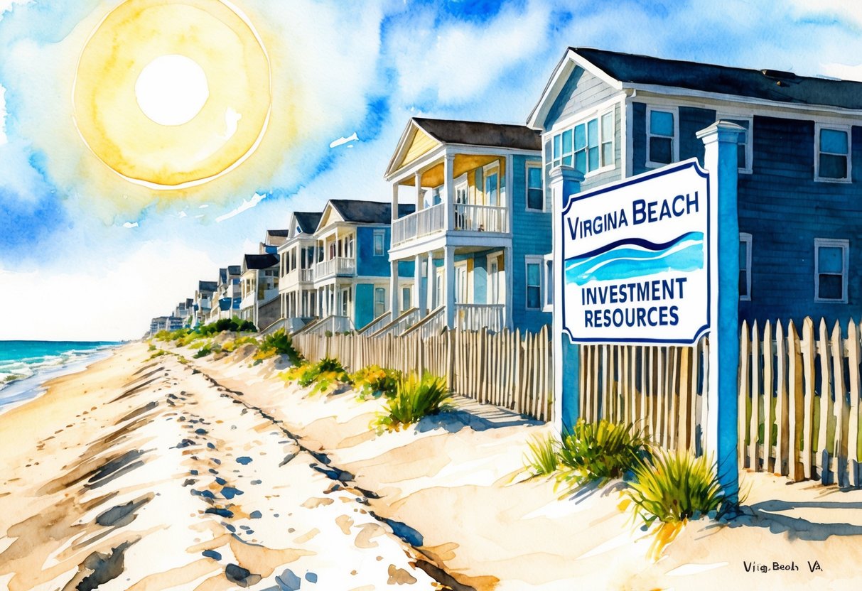 A sunny beach with a row of beachfront properties and a sign for "Virginia Beach Investment Resources" in Virginia Beach, VA