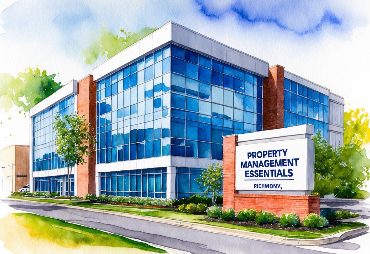 A modern office building with a "Property Management Essentials" sign in Richmond, VA