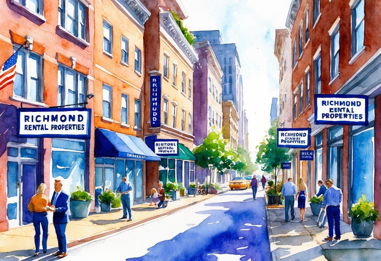 A bustling city street with "Richmond Rental Properties" signs on buildings, a mix of residential and commercial spaces, and people engaged in real estate activities