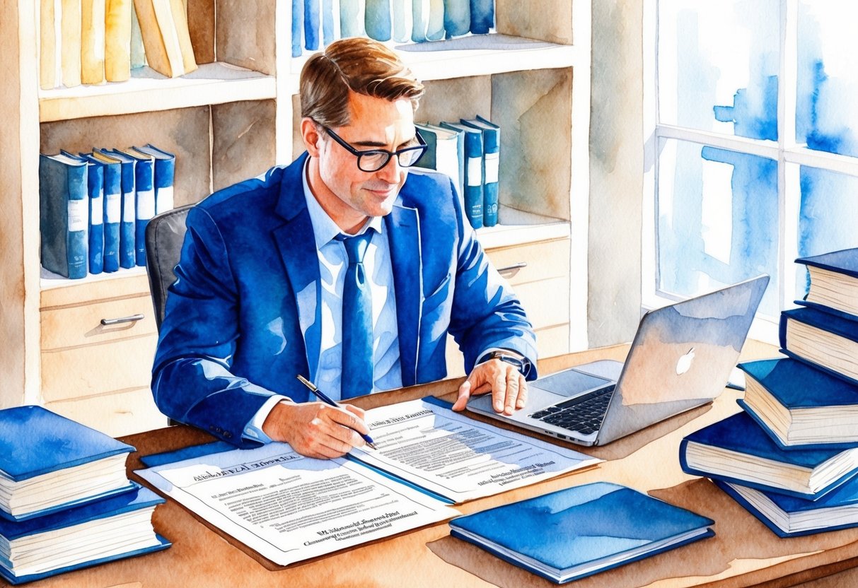 A real estate investor in Richmond, VA reviews legal and regulatory documents at a desk with a laptop, surrounded by law books and paperwork