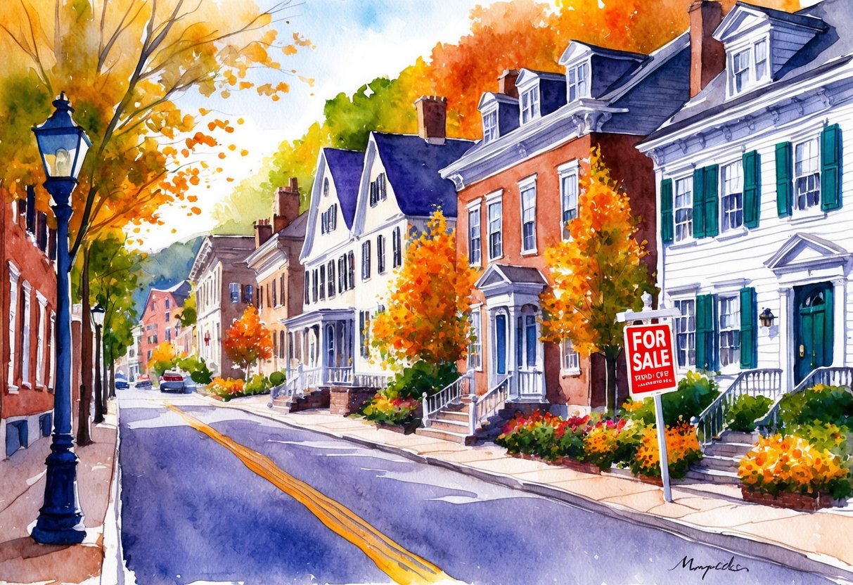 A quaint street in Montpelier, VT lined with historic buildings and vibrant fall foliage, with a "For Sale" sign in front of a charming colonial-style home