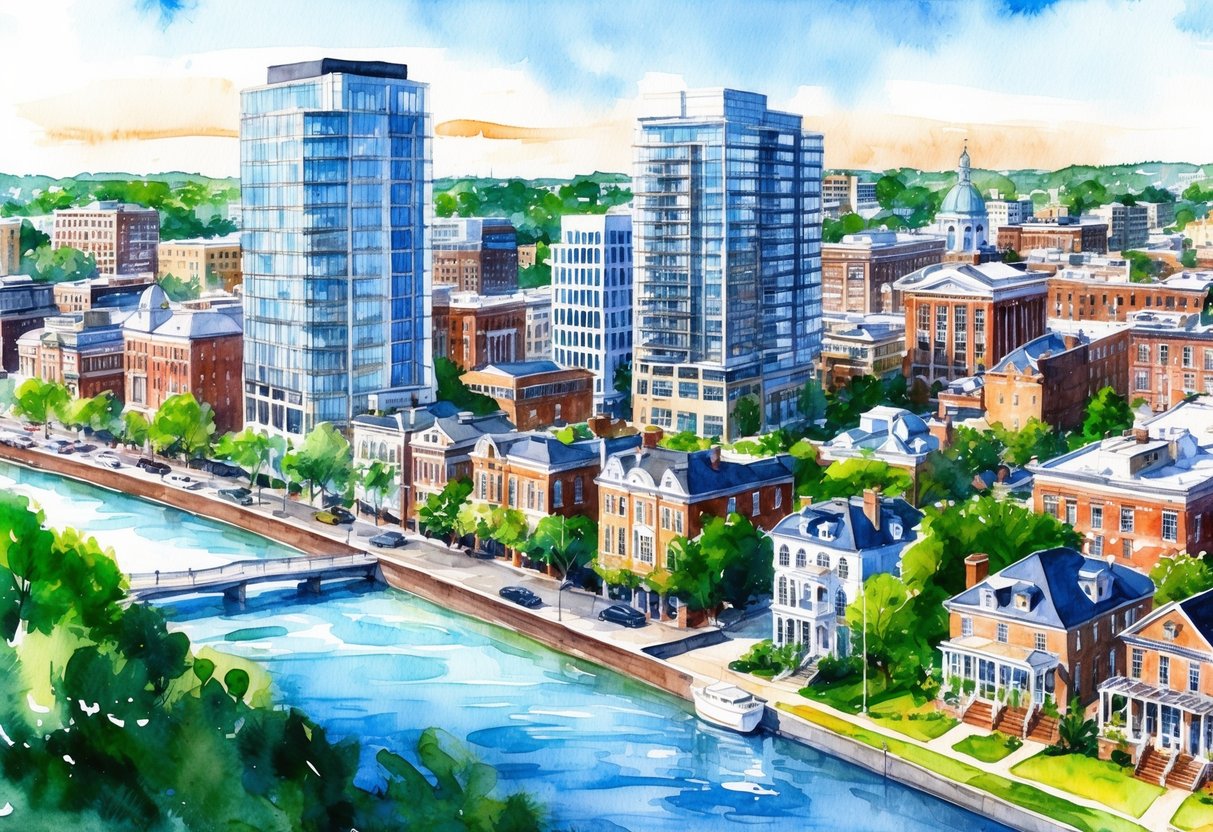 A bustling cityscape of Richmond, VA with modern high-rise buildings and historic homes, surrounded by lush greenery and a flowing river, showcasing the emerging trends in real estate investing