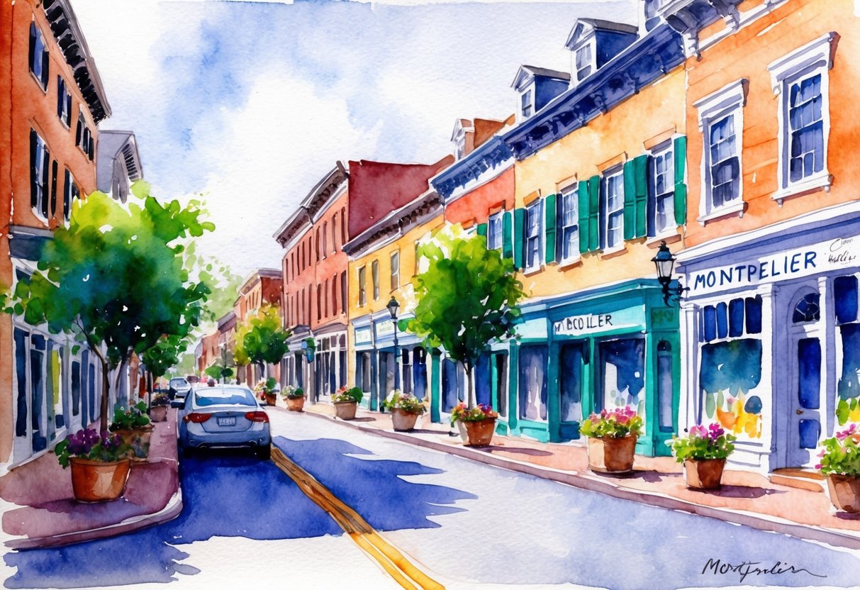 A bustling Montpelier street, lined with historic buildings and vibrant storefronts, captures the energy of the real estate market