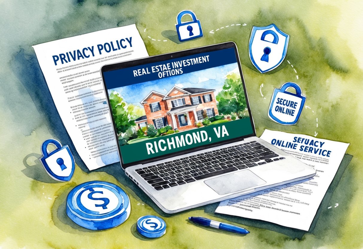 A laptop displaying real estate investment options in Richmond, VA, surrounded by privacy policy documents and secure online service icons