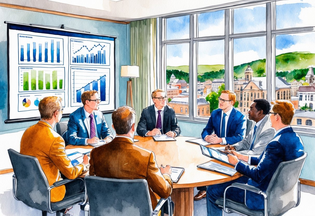 A group of investors discuss financing strategies in a conference room overlooking downtown Montpelier, VT. Charts and graphs are displayed on a large screen as they brainstorm investment opportunities