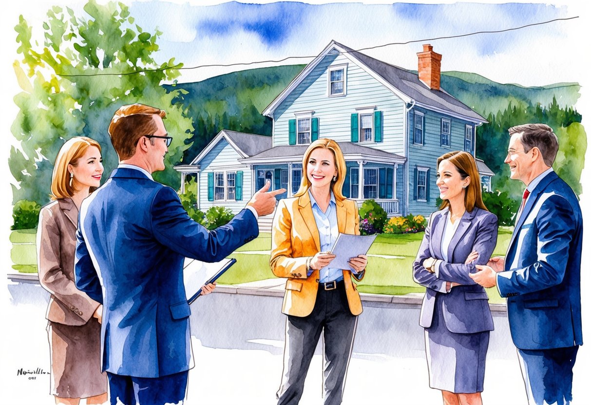 A real estate agent showing a property in Montpelier, VT, with potential investors discussing investment opportunities