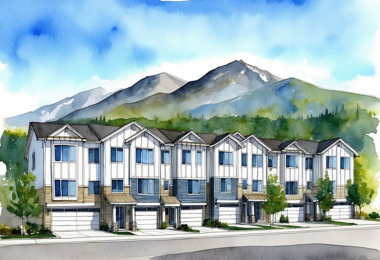 A row of modern townhouses in Spokane, WA, with a mountainous backdrop and a clear blue sky