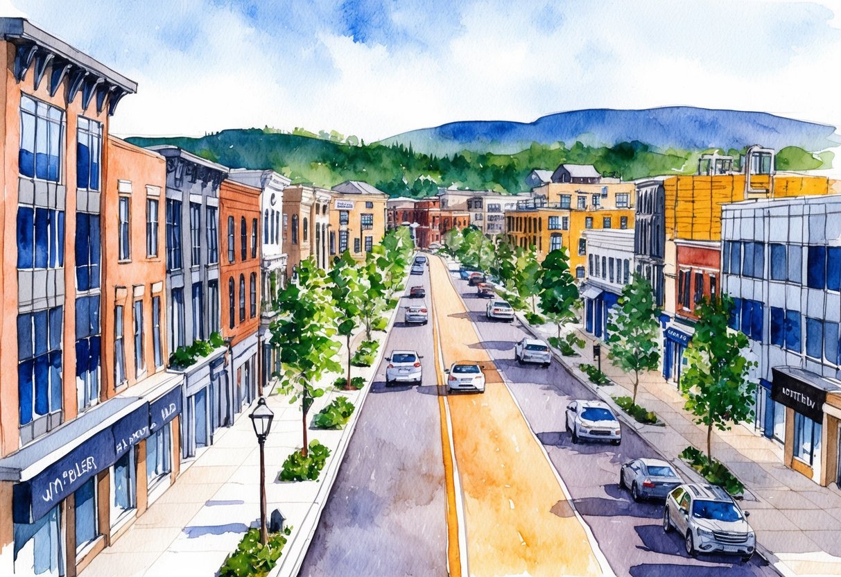 A bustling street in Montpelier, VT lined with modern buildings and construction sites, showcasing prominent real estate projects and investment opportunities