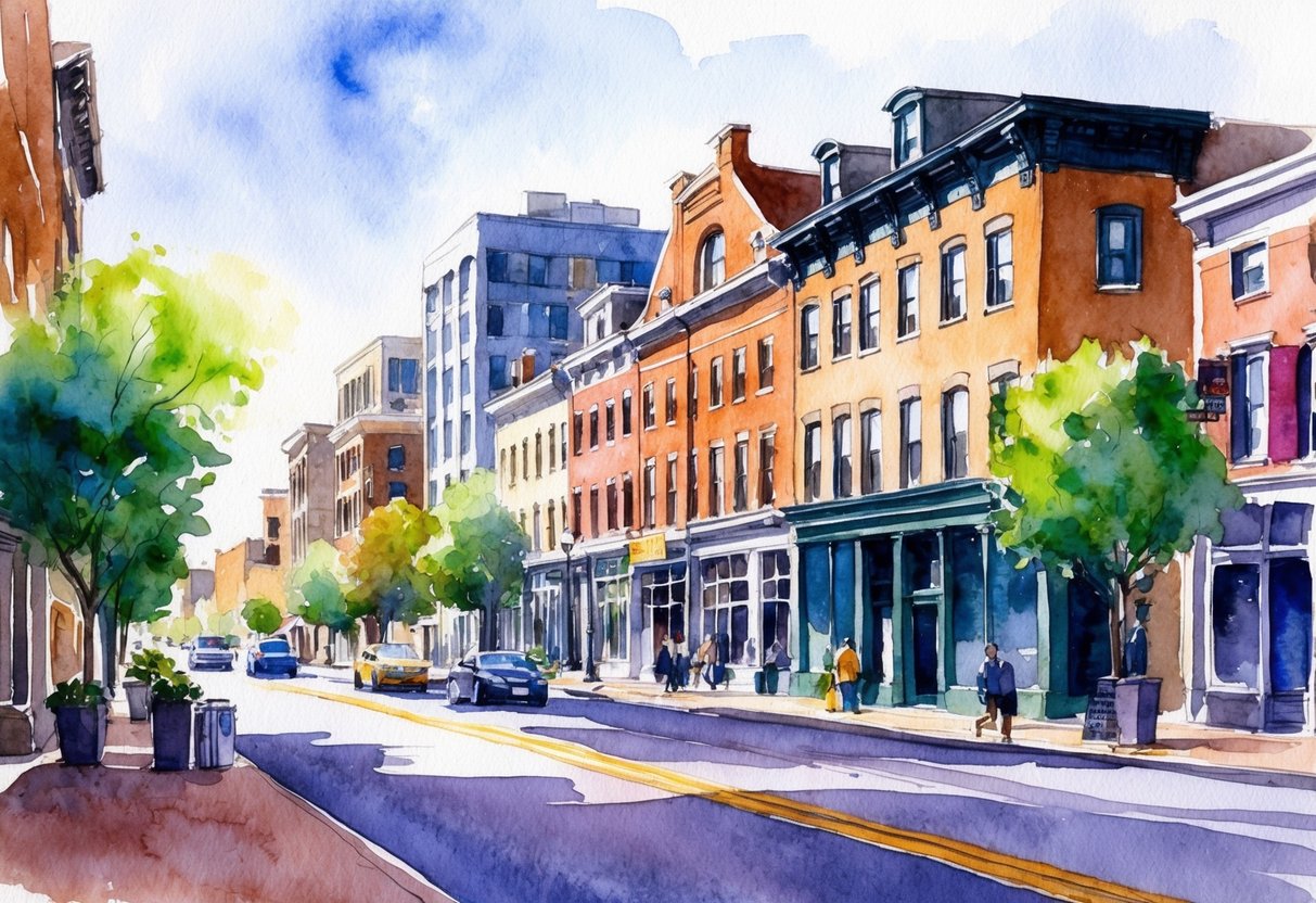A bustling Montpelier street with a mix of historic and modern buildings, showcasing the potential challenges and risks of real estate investing in the city