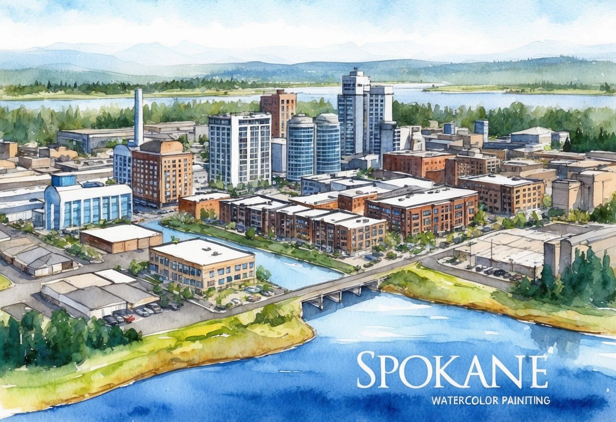 A bustling cityscape in Spokane, with a mix of residential, commercial, and industrial buildings, surrounded by natural landscapes and bodies of water