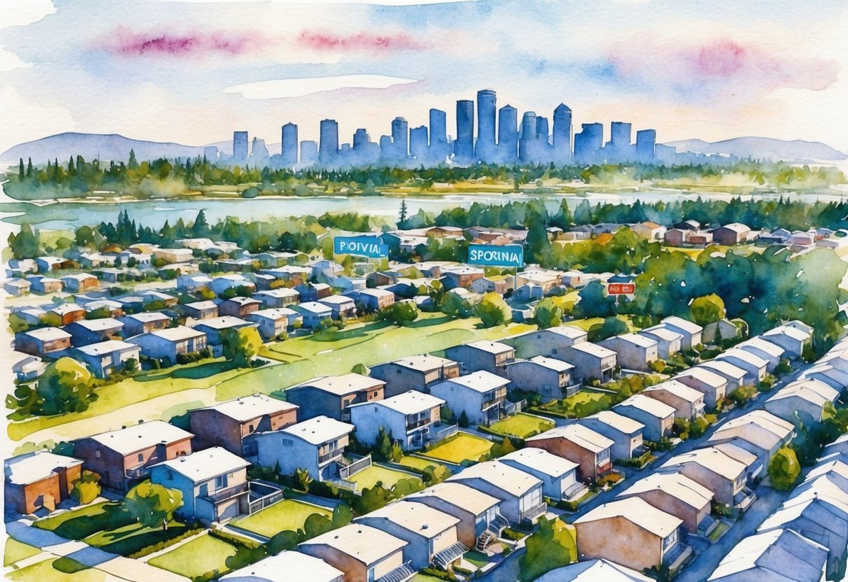 Aerial view of Spokane, WA with rows of houses, city skyline, and real estate signs