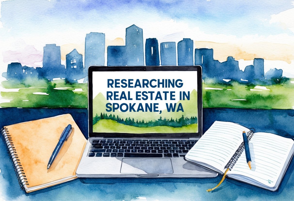 A person researching real estate in Spokane, WA, surrounded by a laptop, notebook, and city skyline in the background
