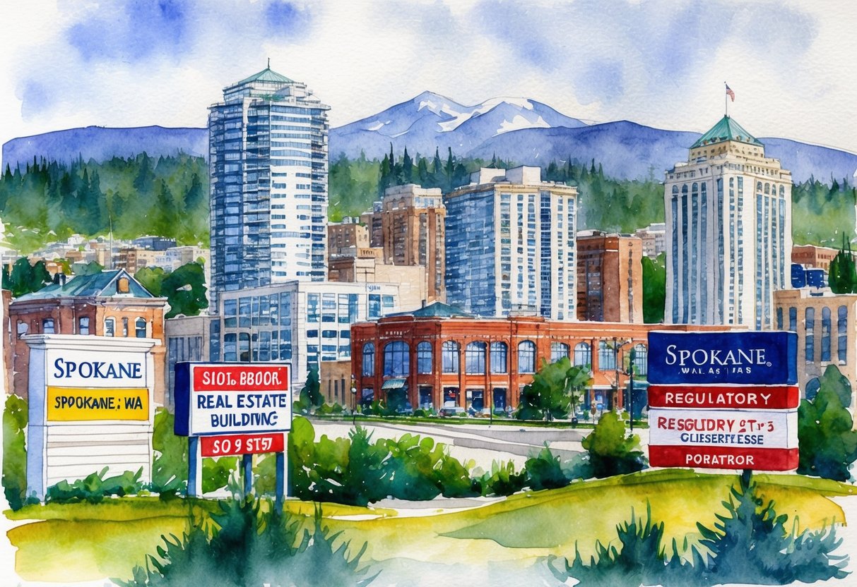 A cityscape of Spokane, WA with prominent real estate buildings and regulatory signs