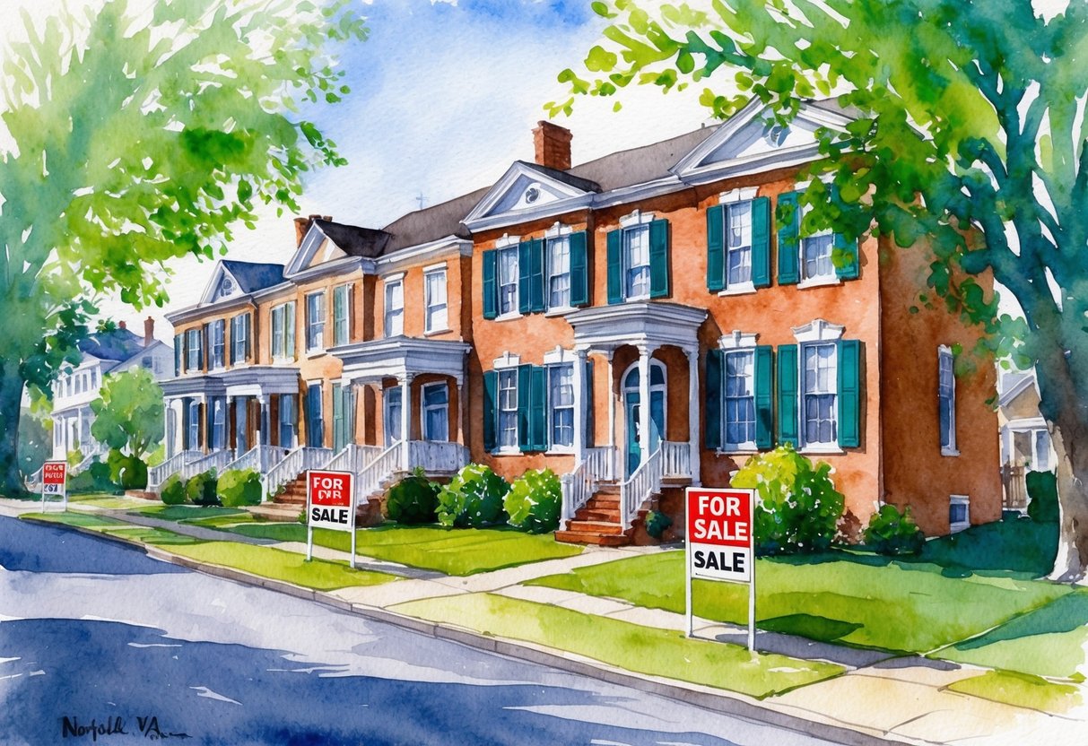 A row of historic homes in Norfolk, VA, with "For Sale" signs out front, surrounded by lush green trees and a calm neighborhood atmosphere