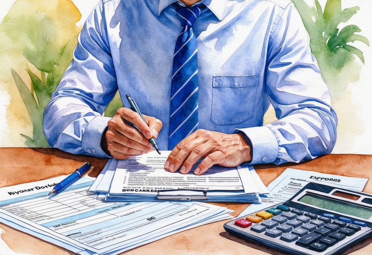 An investor studying real estate documents in Spokane, WA, with a calculator and tax forms spread out on a desk