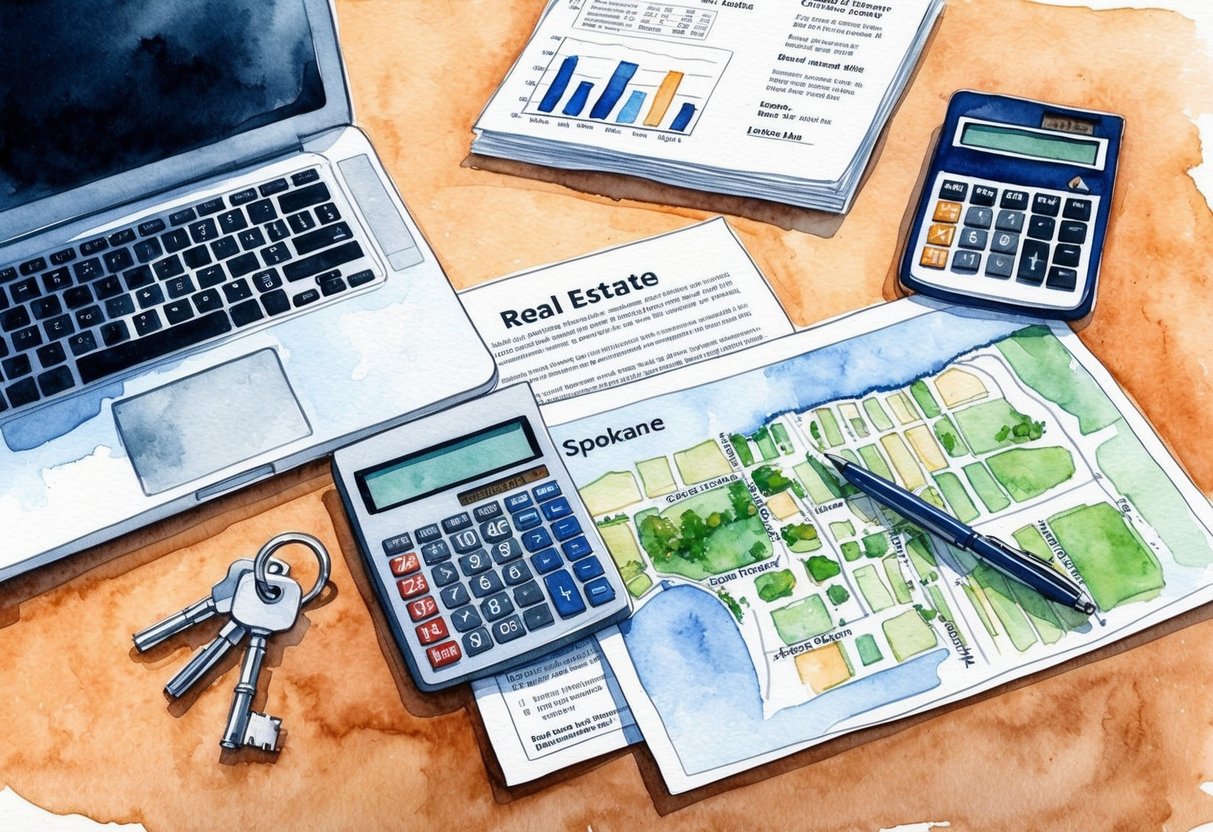 A table with a laptop, calculator, and real estate documents. A map of Spokane and a set of keys are nearby