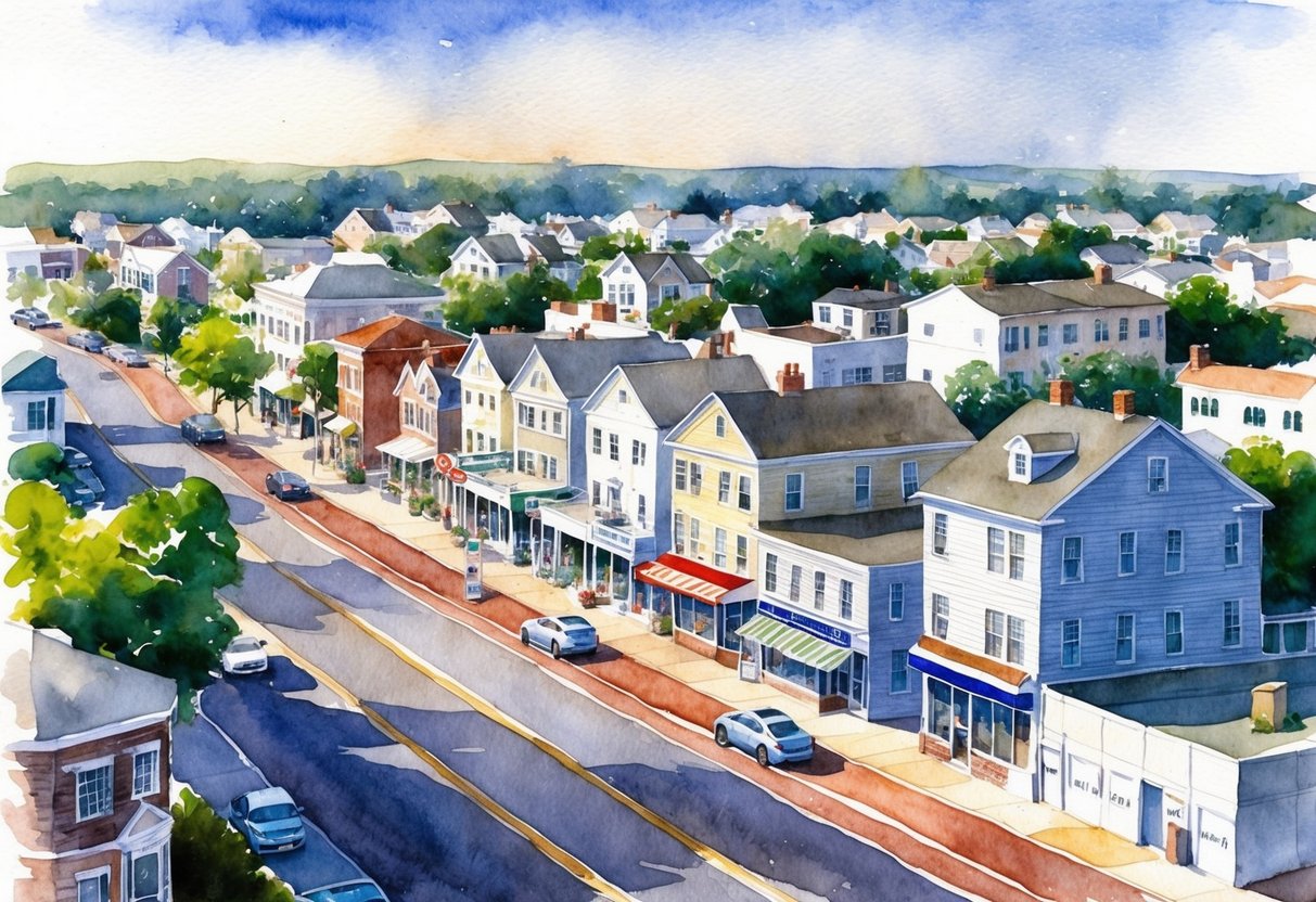 A busy Norfolk street with diverse real estate properties, including residential homes, commercial buildings, and rental units