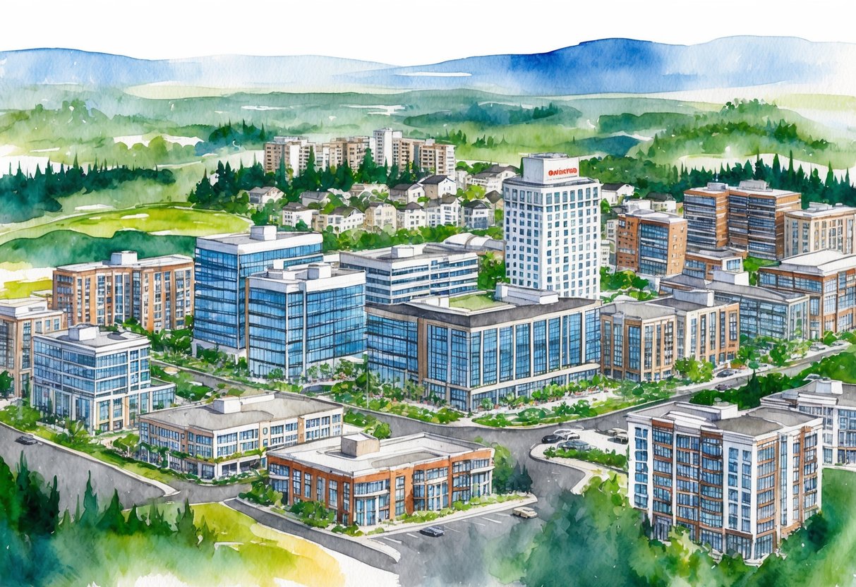 A bustling cityscape with various real estate properties, including residential and commercial buildings, surrounded by natural landscapes and potential investment opportunities