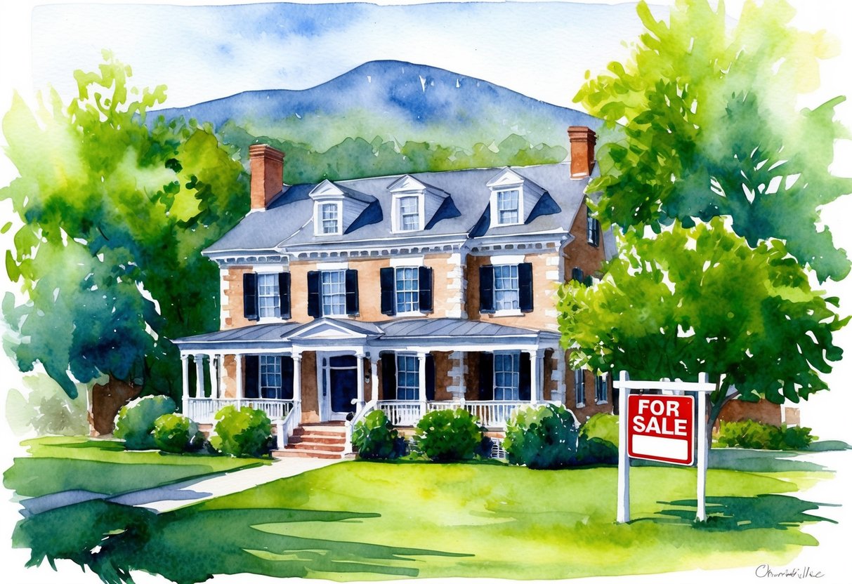 A charming historic home in Charlottesville, VA, surrounded by lush greenery and a picturesque mountain backdrop, with a "For Sale" sign in the front yard