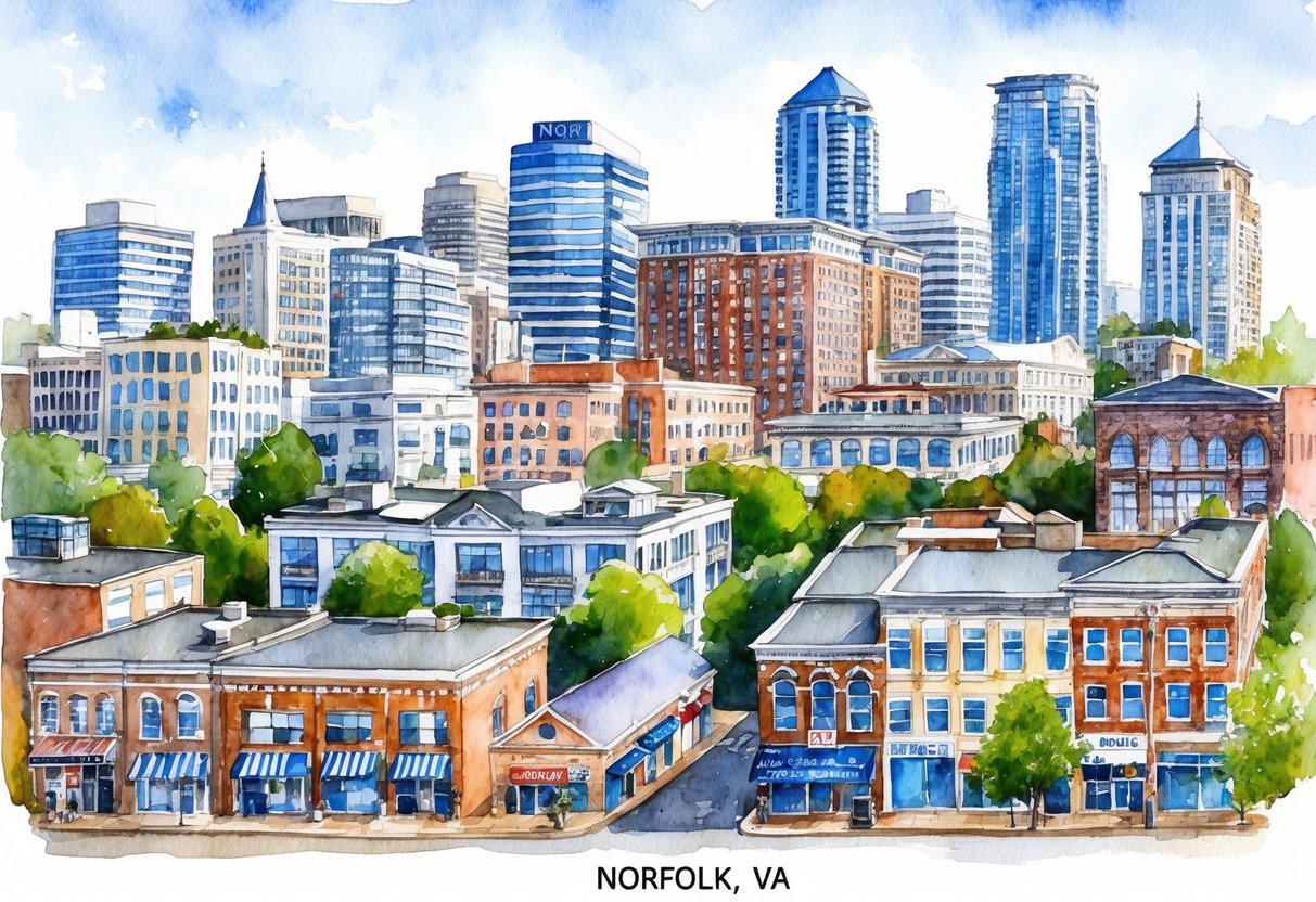 A bustling city skyline with various real estate properties, including apartment buildings, office spaces, and retail shops. A mix of modern and historic architecture, showcasing the diverse real estate market in Norfolk, VA