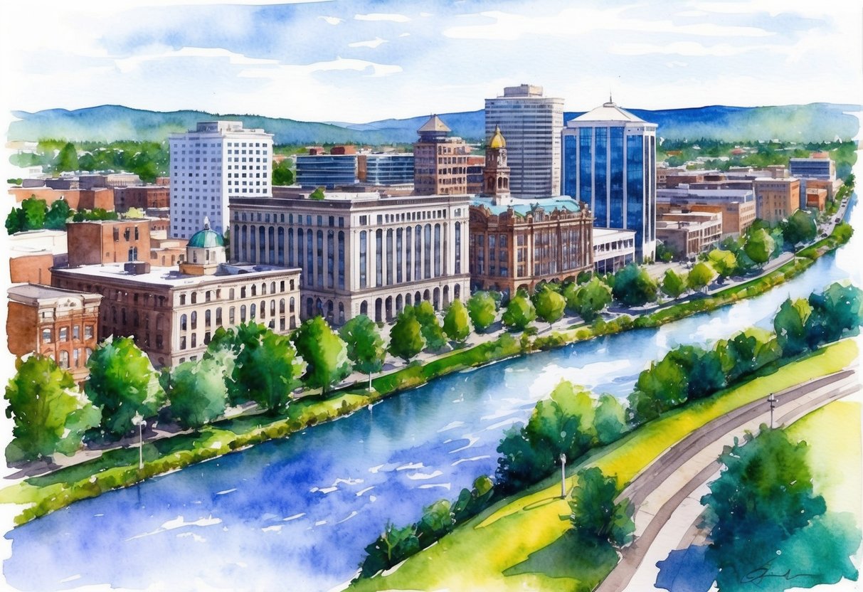 A picturesque view of downtown Spokane, with a mix of historic and modern buildings surrounded by lush greenery and the Spokane River flowing through the city