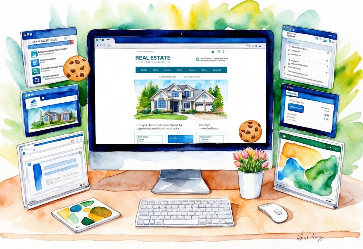 A computer screen with a real estate website open, surrounded by various web browser tabs and a cookie notification pop-up
