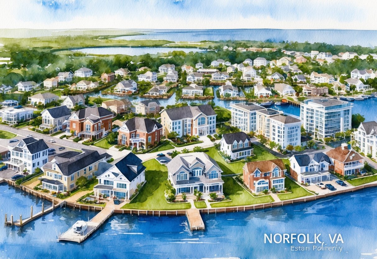 A diverse array of real estate properties in Norfolk, VA, including residential homes, commercial buildings, and waterfront developments, are strategically organized and managed within a comprehensive investment portfolio