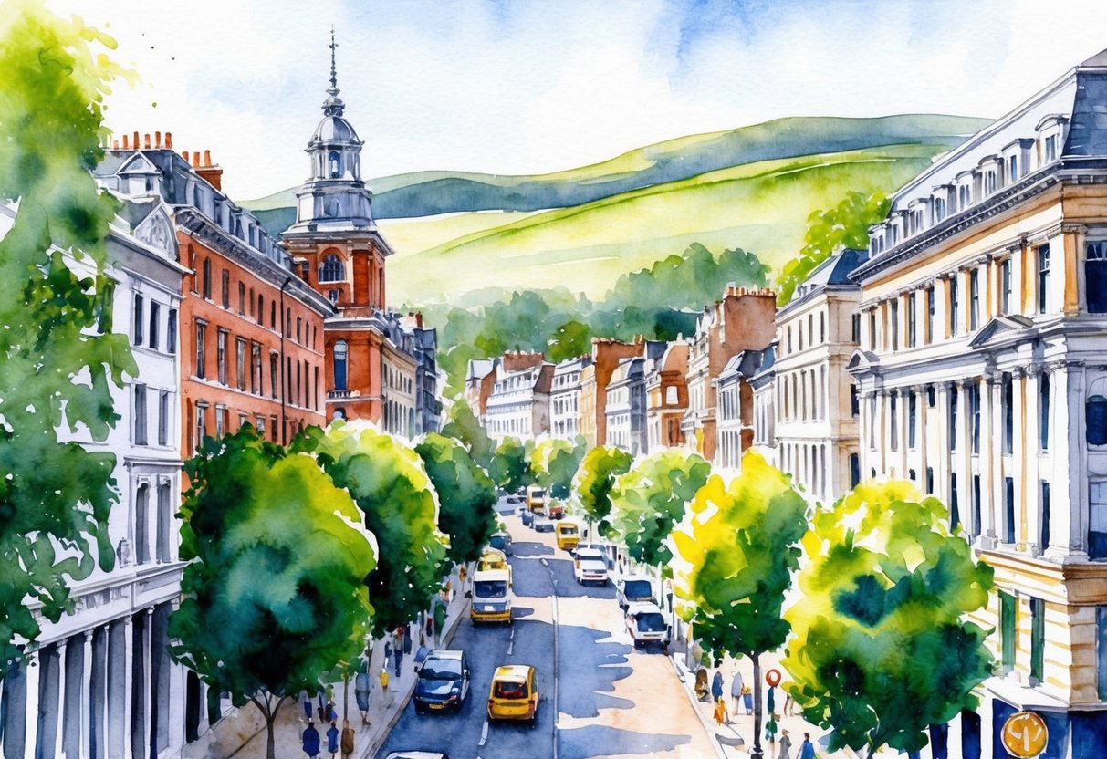 A bustling city street with a mix of historic and modern buildings, surrounded by lush greenery and rolling hills in the distance