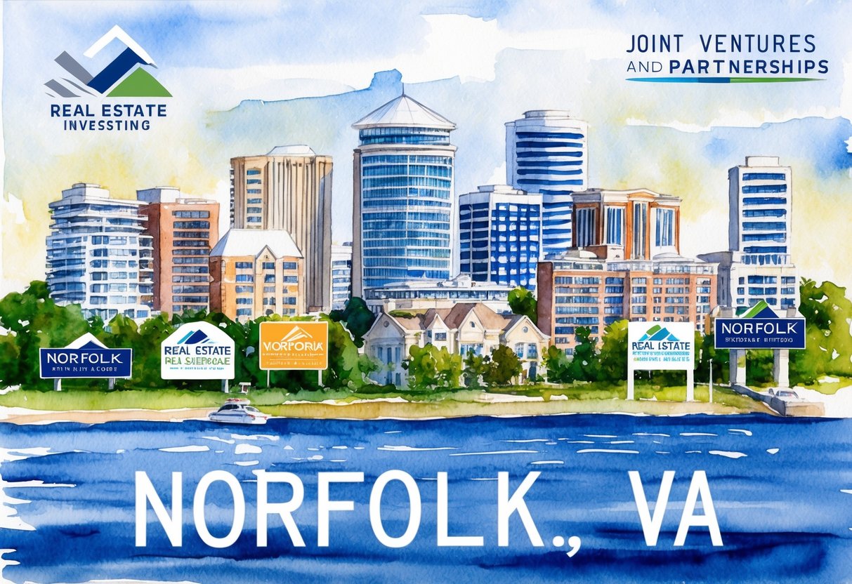A skyline of Norfolk, VA with various real estate properties and buildings, including signs and logos indicating joint ventures and partnerships in real estate investing