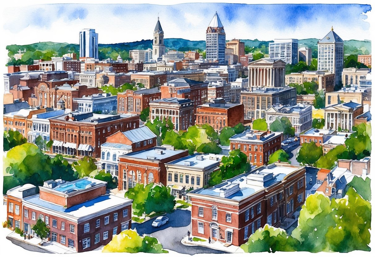 A bustling cityscape with diverse real estate properties and investors discussing strategies in Charlottesville, VA