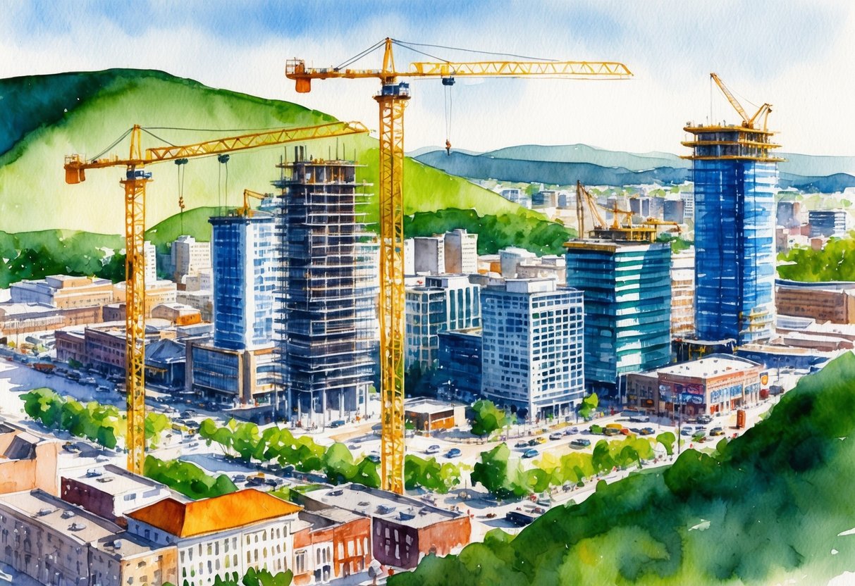A bustling cityscape with construction cranes and new buildings rising up, surrounded by green hills and a vibrant downtown area