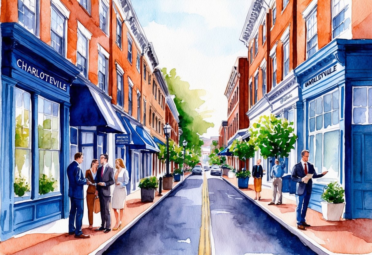 A bustling street in Charlottesville, VA, lined with real estate offices and professionals discussing investment opportunities