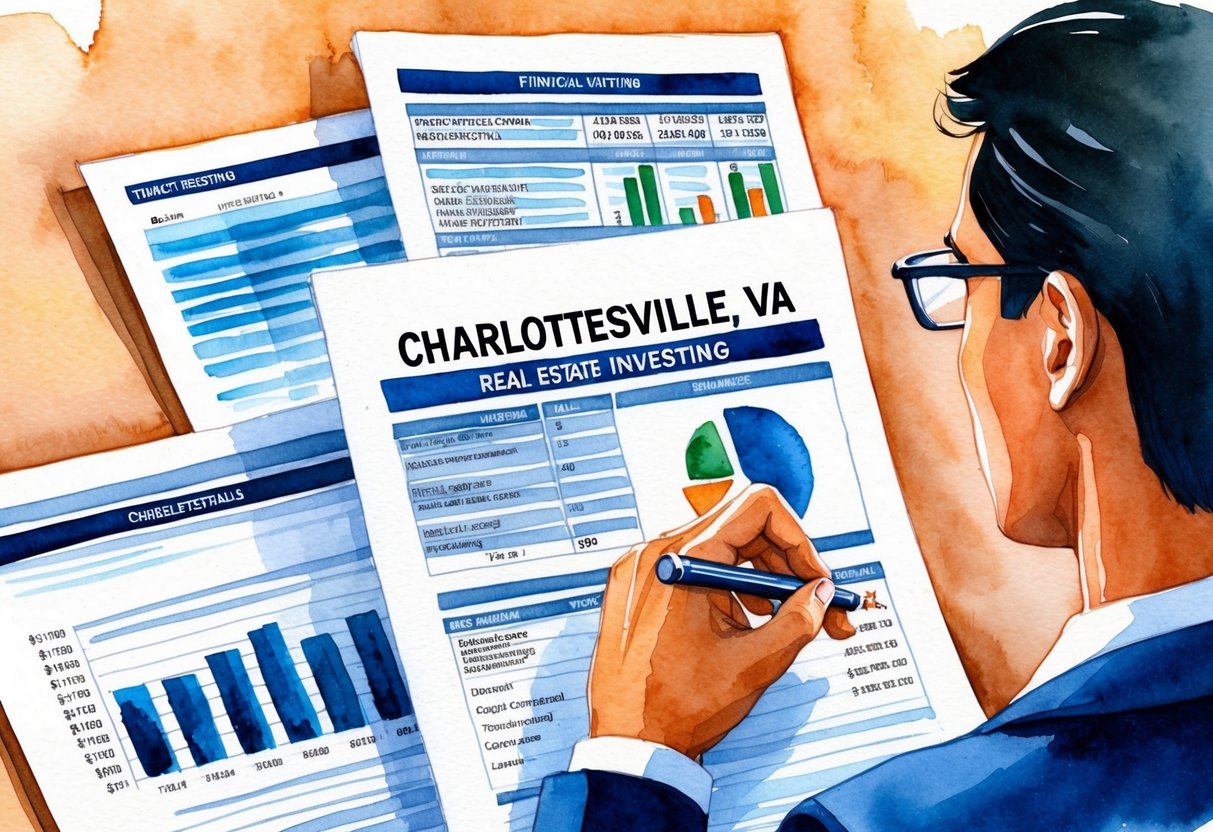 A person reviewing documents and financial charts for real estate investing in Charlottesville, VA