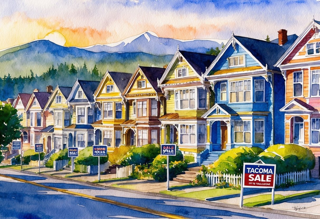 A row of colorful historic homes with "For Sale" signs in Tacoma, WA. The sun sets behind the mountains, casting a warm glow over the neighborhood