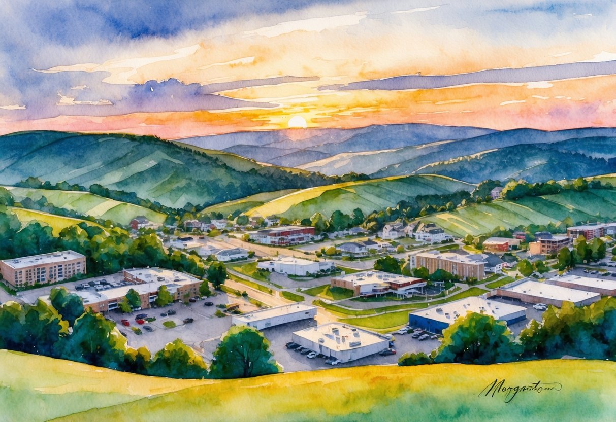 A beautiful sunset over the rolling hills of Morgantown, WV, with a mix of residential and commercial properties scattered throughout the landscape
