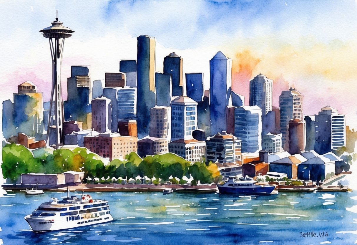 A bustling city skyline with modern buildings and waterfront views in Seattle, WA