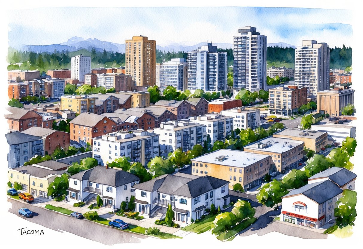 A bustling Tacoma cityscape with various real estate properties, including apartments, single-family homes, and commercial buildings