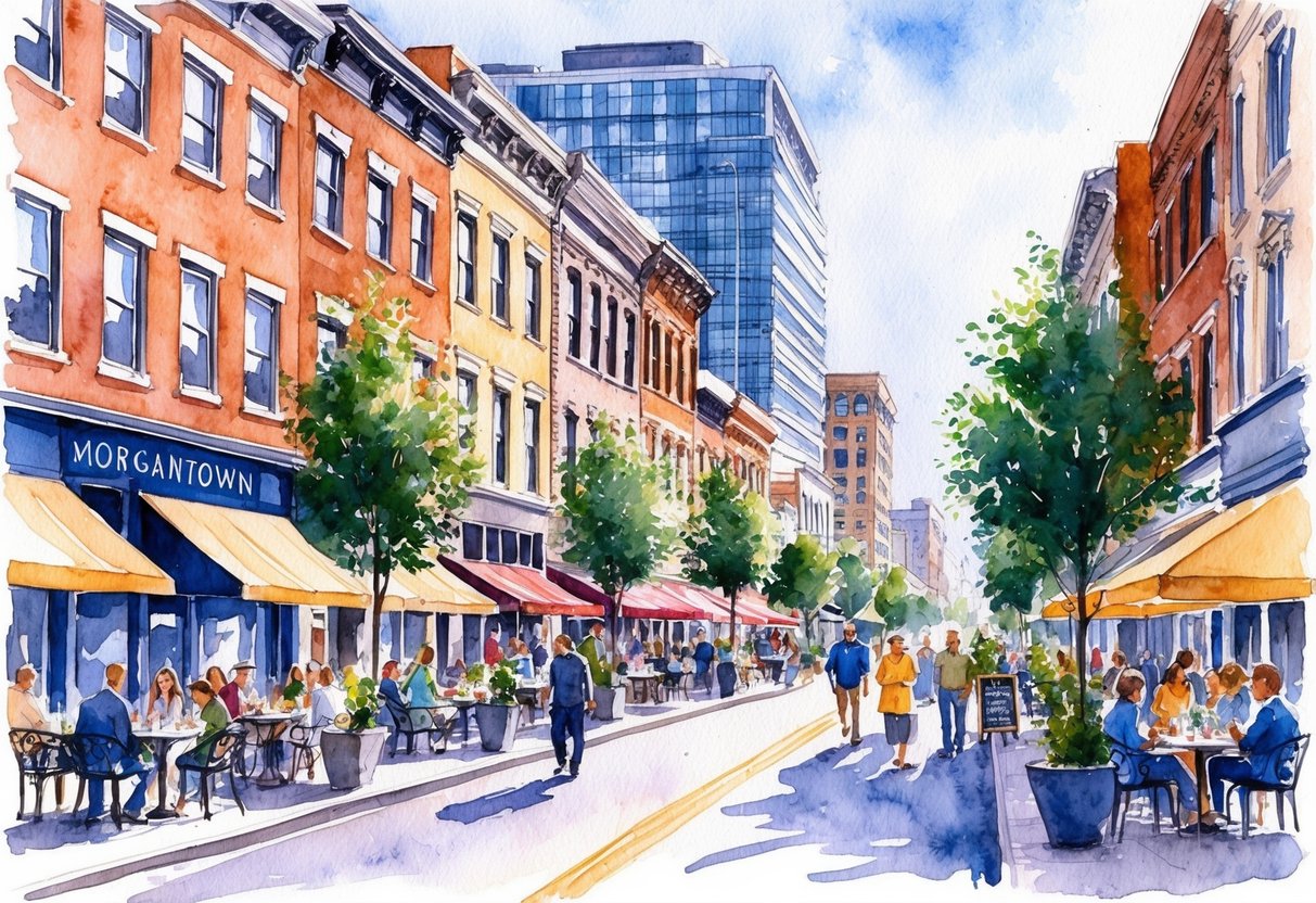 A bustling downtown street in Morgantown, WV lined with a mix of historic buildings and modern high-rises, with people walking and dining at outdoor cafes