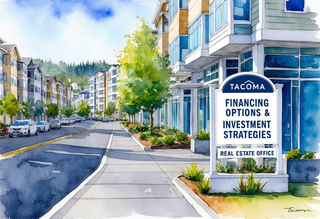 A bustling cityscape of Tacoma, WA with rows of modern buildings and residential properties. A prominent sign displays "Financing Options and Investment Strategies" outside a real estate office